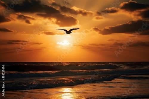 A flying seagull silhouette in sunset sky and beach. AI generative