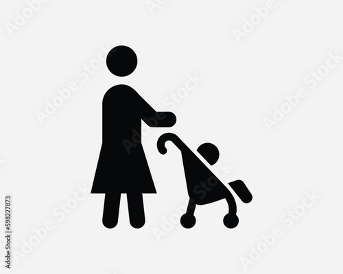 Woman Pushing Stroller Icon. Pushchair Infant Baby Pram Carriage Cart Pushing Walk Parent Sign Symbol Artwork Graphic Illustration Clipart Vector Cricut