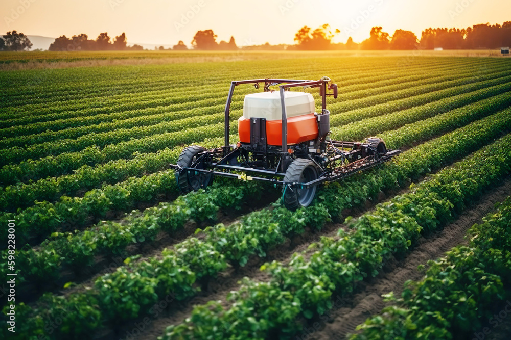 Obraz premium Agriculture robotic smart farm technology with smart agriculture farming concept Generative AI