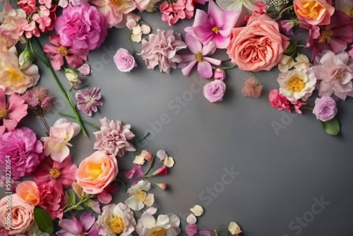 A frame decorated with flowers. AI generative