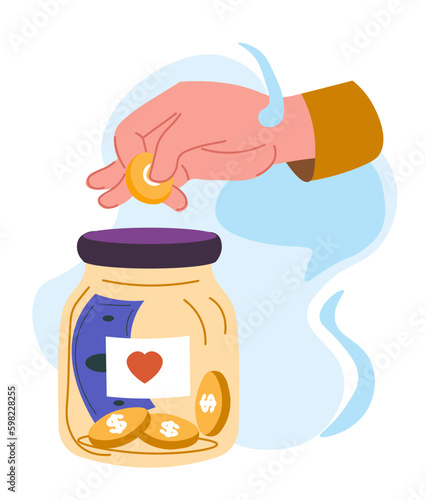 Charity and donation, giving money in jar vector