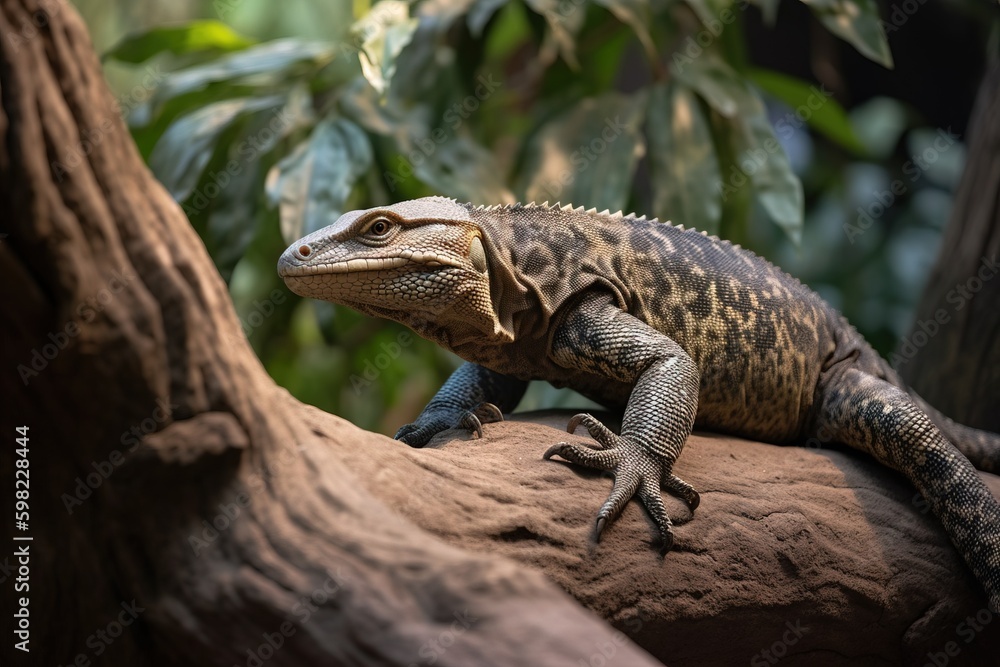 Fototapeta premium Monitor lizard crawling on a tree branc
