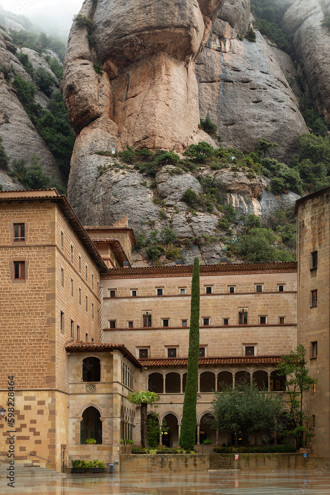 Architctural details of the spectacular Benedictine monastery of Holy Mary of Montserrat - obrazy, fototapety, plakaty 