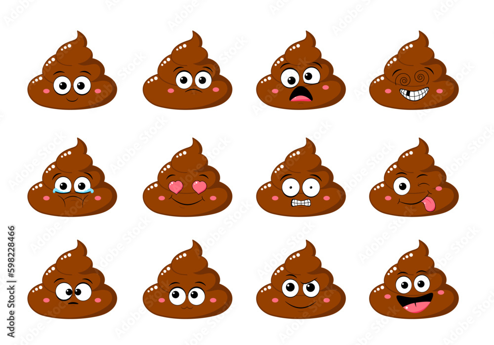 Collection of Cute funny poop with different mood. Set of cartoon poo emoji faces in different expressions - happy, sad, cry, fear, crazy. Vector illustration EPS8 Collection of Cute funny poop with different mood. Set of cartoon poo emoji faces in different expressions - happy, sad, cry, fear, crazy. Vector illustration EPS8