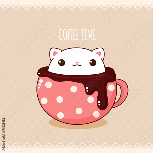 Square retro card with cute animal in cup in kawaii style. Vintage style card with lovely little cat in cup. Can be used for t-shirt print, stickers, greeting card design. Vector illustration EPS8