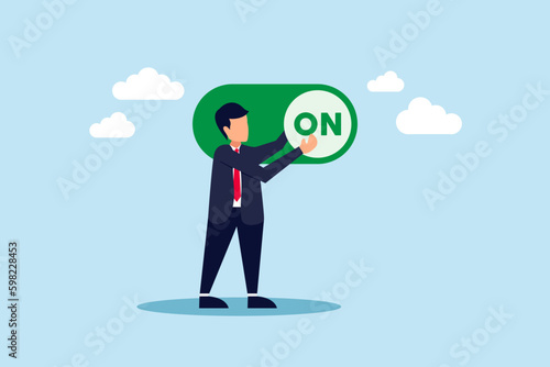 Turn on switch, paradigm shift or change to be better status, start or begin business, setting or preference concept, smart businessman push setting button switch to on position.