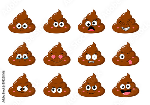 Collection of Cute funny poop with different mood. Set of cartoon poo emoji faces in different expressions - happy, sad, cry, fear, crazy. Vector illustration EPS8  photo