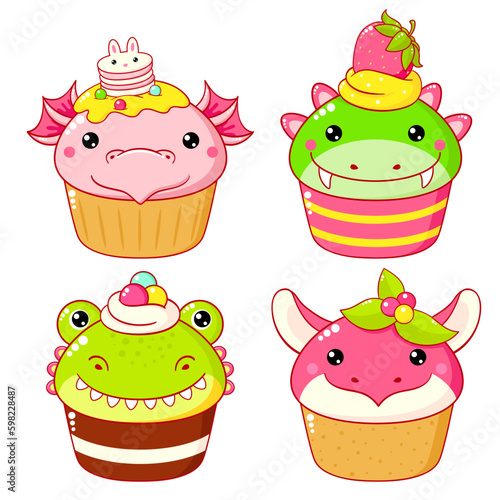 Set of cute sweet dragon-shaped desserts in kawaii style. Cake, muffin and cupcake with whipped cream and berry. Vector illustration EPS8 
