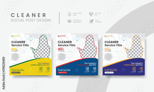 Premium cleaning service social media post template for business marketing. Modern cleaning service social media layout design for square web banner & flyer. Vol - 6