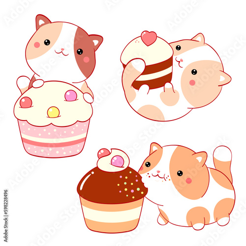 Set of little cats with desserts in kawaii style. Collection of cute kitten with cake, muffin and cupcake with whipped cream and berry