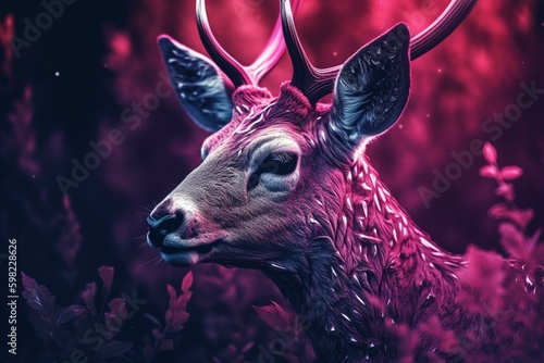 Illustration of a deer in pink and purple colors. Generative AI