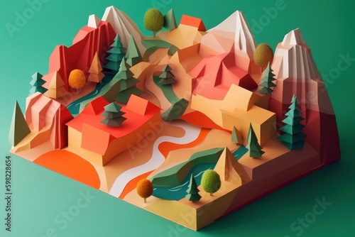 Isometric city. Paper cut style of mountain landscape with houses and trees. 3D render illustration.