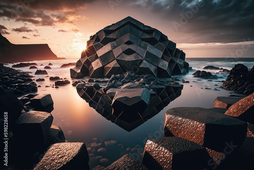 Giants causeway hexagon basalt rock on the sea. distinct generative AI image. Generative AI photo