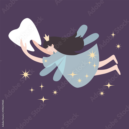 Tooth fairy vector flat illustration. Cute oral dental hygiene character.