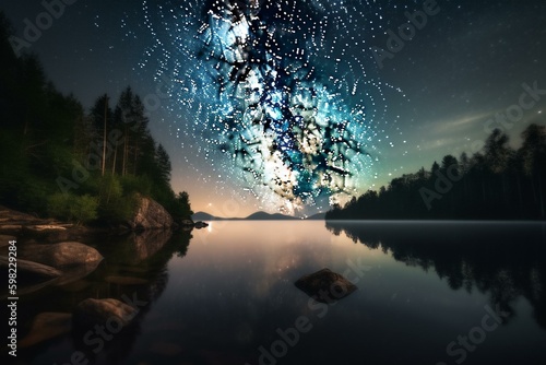 A fantasy summer night sky with a glittering Milky Way and stars reflecting on the lake. Generative AI © Leilani