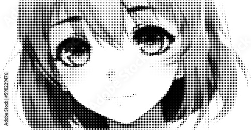 Anime character as halftone collage. Japanese manga comic girl face. Vector illustration of halftone cute asian female.  Vector illustration for y2k cutout punk zine poster. 