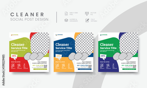 Premium cleaning service social media post template for business marketing. Modern cleaning service social media layout design for square web banner & flyer. Vol - 11