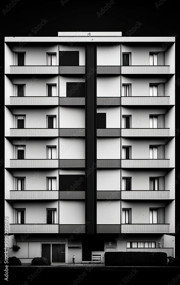Black and white image of the lit balconies on an apartment block at night time. Generative AI. Black and white image of the lit balconies on an apartment block at night time. Generative AI.