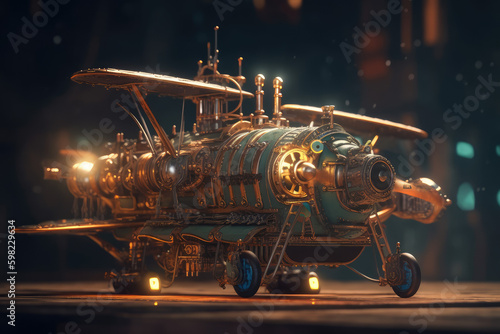 Steampunk, Plane, Aircarft, Neon Lights, Bike, Transport, Wheels, Black, Vehicle, Engine, Made by AI, AI generated, Artificial intelligence 