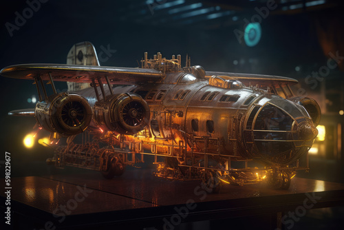 Steampunk, Plane, Aircarft, Neon Lights, Bike, Transport, Wheels, Black, Vehicle, Engine, Made by AI, AI generated, Artificial intelligence	
 photo