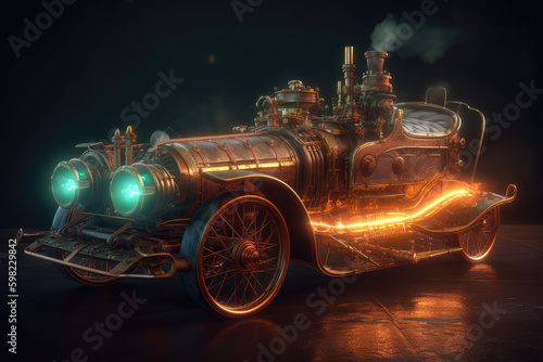 Steampunk, Car, Neon Lights, Bike, Transport, Wheels, Black, Vehicle, Engine, Made by AI, AI generated, Artificial intelligence	
