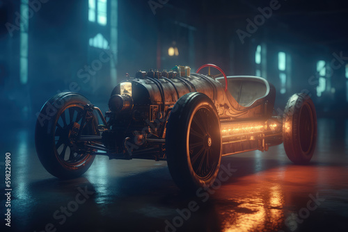 Steampunk, Car, Neon Lights, Bike, Transport, Wheels, Black, Vehicle, Engine, Made by AI, AI generated, Artificial intelligence 