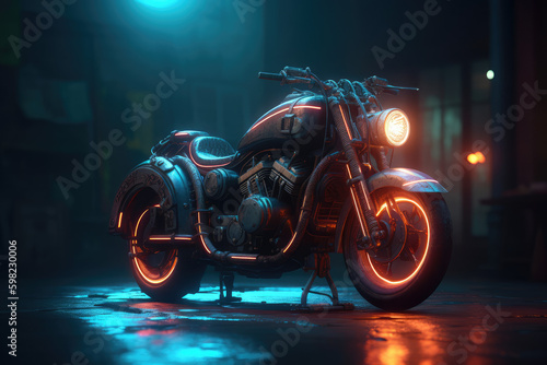 Steampunk, Motorcycle, Neon Lights, Bike, Transport, Wheels, Black, Vehicle, Engine, Made by AI, AI generated, Artificial intelligence 