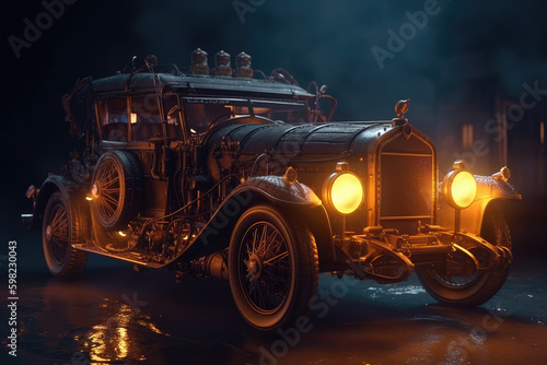 Steampunk, Car, Neon Lights, Bike, Transport, Wheels, Black, Vehicle, Engine, Made by AI, AI generated, Artificial intelligence 