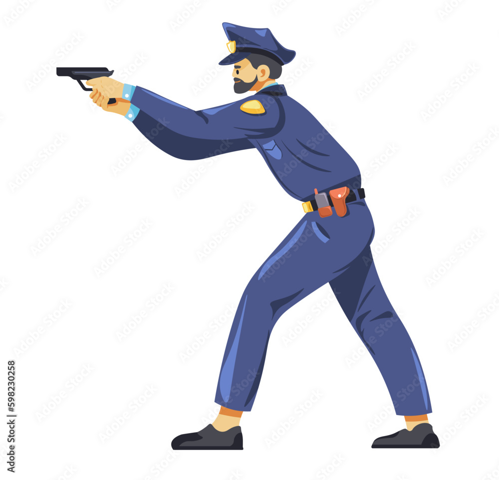 Obraz premium Detective or officer, cop pointing gun, vector