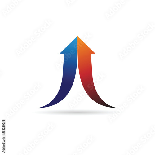 Two up arrows joining together blue and red arrows business strategy, combining, tie up, collaboration, merging, business icon vector