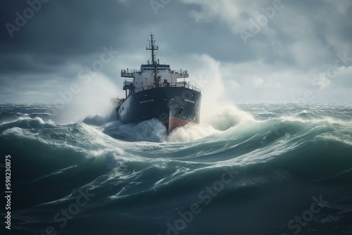 Large vessel breaking through massive ocean waves. Generative AI