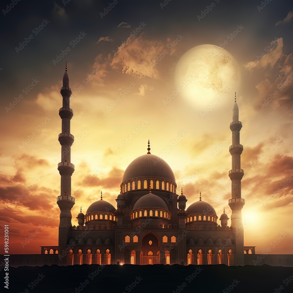 Islamic mosque in evening with sun light background. Generative ai.