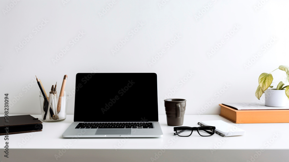 Modern workspace with laptop, coffee cup on white desk. generative ai. Modern workspace with laptop, coffee cup on white desk. generative ai.