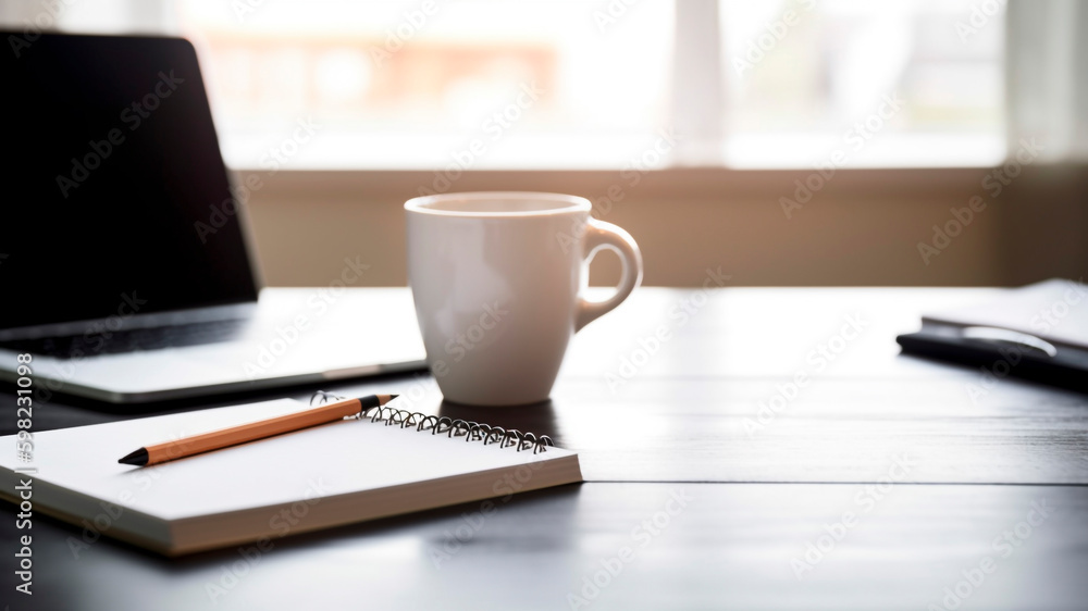 Coffee cup on wooden table with laptop computer on background. generative ai. Coffee cup on wooden table with laptop computer on background. generative ai.