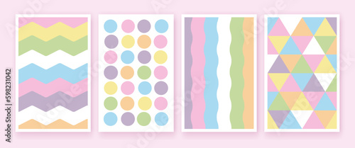 Pastel color geometric cover set. Minimal childish art background collection. Pale light baby style
