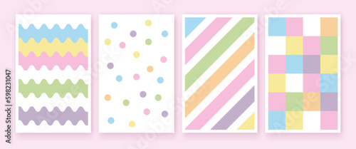 Pastel color geometric cover set. Minimal childish art background collection. Pale light baby style