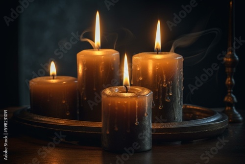 Three burning candles. Generative AI