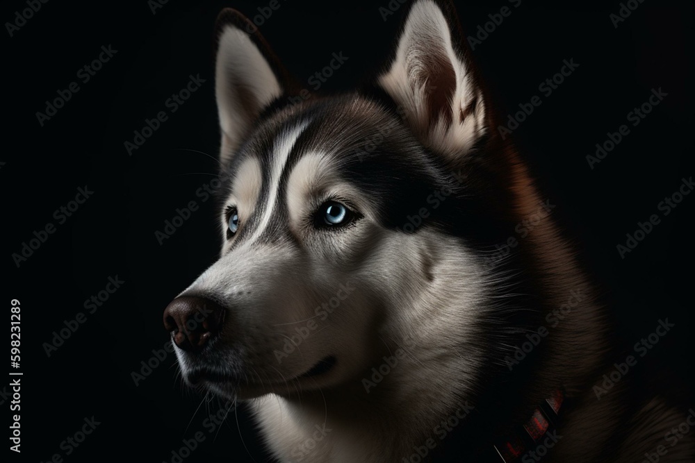 Majestic Siberian husky on dark background. Generative AI