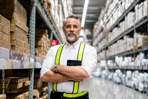 Senior male supervisor with crossed arms confident in service and holding tablet checking inventory in warehouse and distribution center