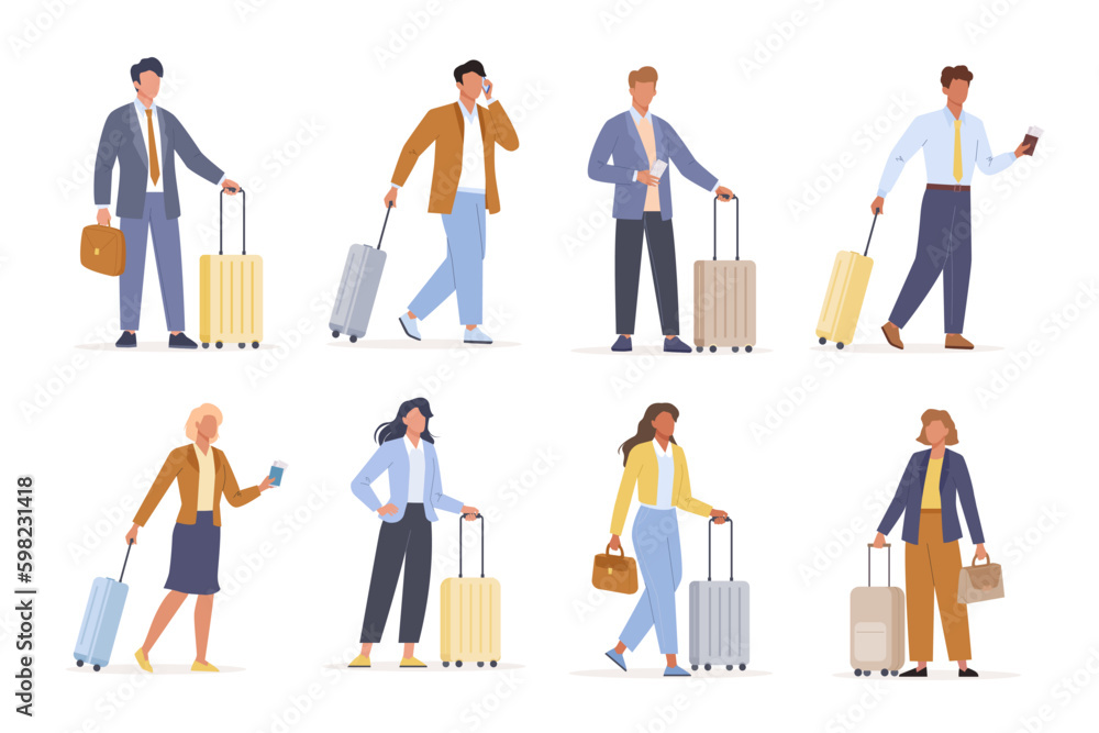 Business people on a business trip set. Female and male character walk, stand, talk Business people on a business trip set. Female and male character walk, stand, talk