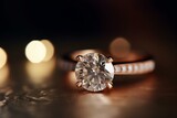 Close-up 3D render of a traditional solitaire engagement ring with a diamond set in rose gold. Generative AI