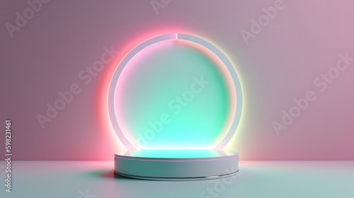 Pink and Blue Plinth with Neon Lights. Pastel colored product stage. Generative AI.