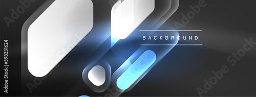 Glowing neon geometric elements abstract background. Neon light or laser show, electric impulse, power lines, techno quantum energy impulse, magic glowing dynamic lines