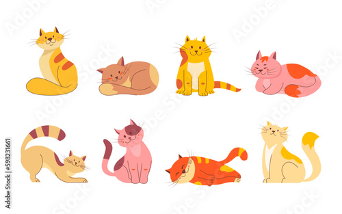 Cute smile cats doodle set. Cartoon design collection of cat breeds in different poses. Funny kittens