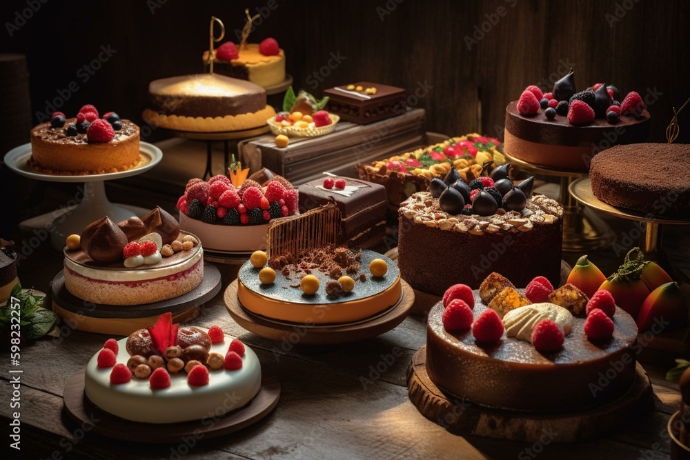 Varieties of tasty cakes displayed at bakery. Generative AI