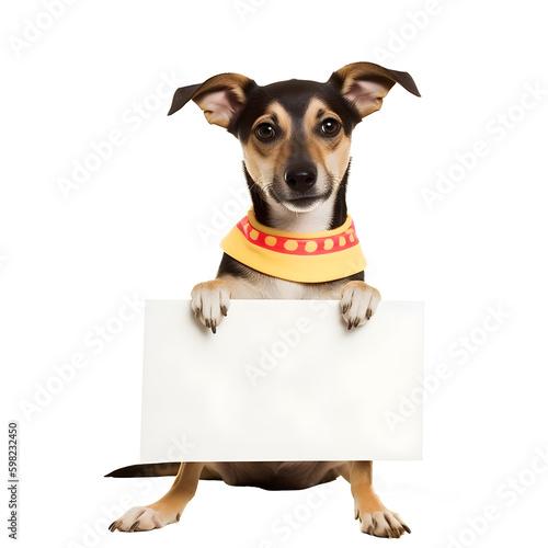 Adorable pet dog with Cinco De Mayo day fashion holding rectangular blank frame. © ZayWin