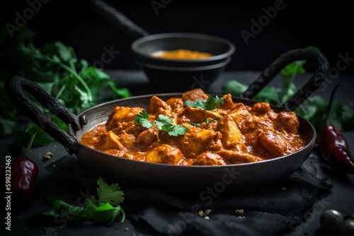 Balti dish of spicy Indian chicken curry. Generative AI photo