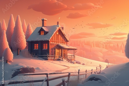 Digital winter landscape illustration with colorful cottage, snow, trees, and orange sky. Generative AI