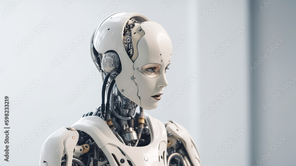 Cyborg robot with human face on light background. Blend of machine and man. Generative AI. High quality illustration Cyborg robot with human face on light background. Blend of machine and man. Generative AI. High quality illustration