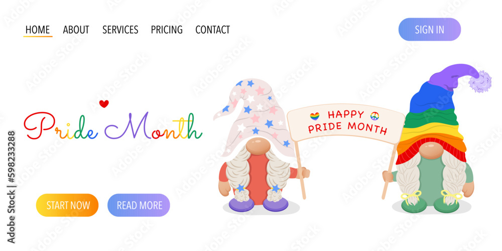 A web page with cute lesbian couple gnomes with poster that says happy pride month.